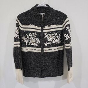 Dressbarn Womens Ugly Christmas Sweater Size Small Gray Floral Sequin Zip Wool